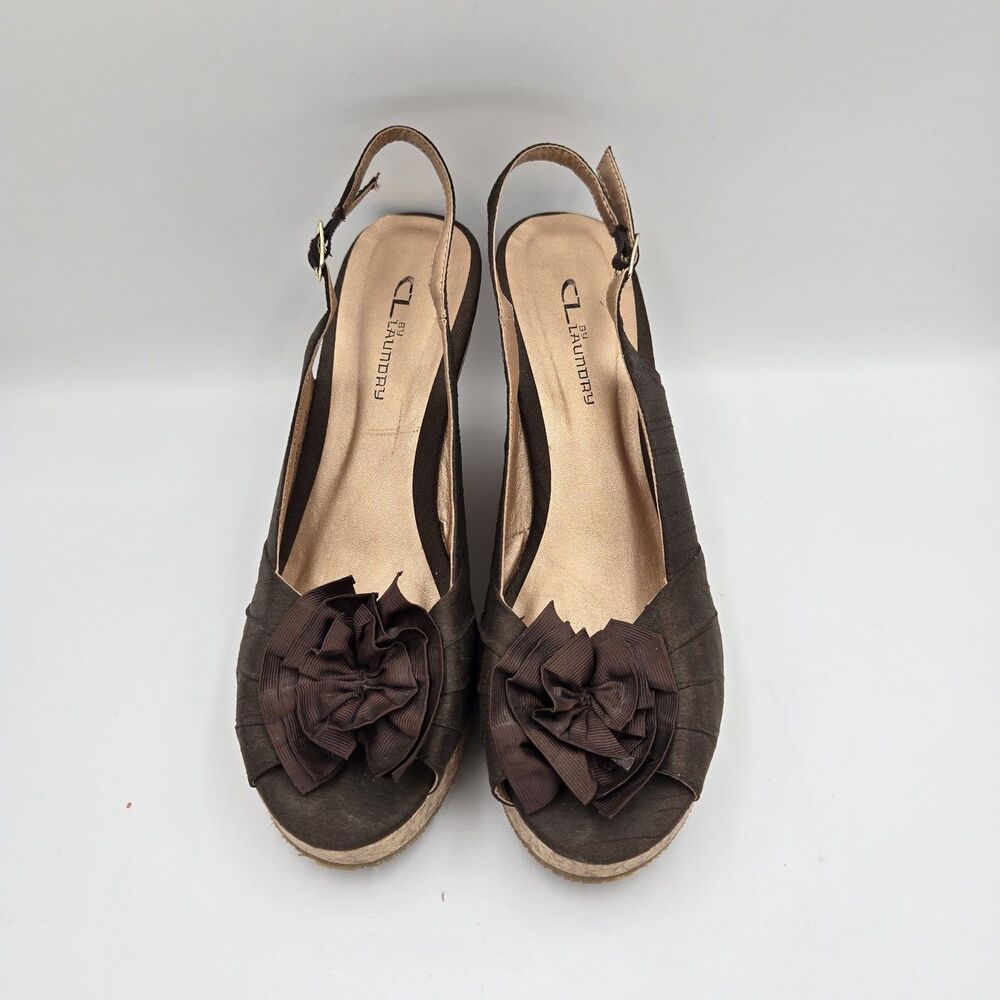 CL by Laundry 9.5 M Womens Brown Ilena Slingback Flower Bow Peep Toe Cork Wedges
